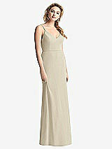 Rear View Thumbnail - Champagne Shirred Sash Cowl-Back Chiffon Trumpet Gown