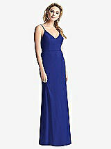 Rear View Thumbnail - Cobalt Blue Shirred Sash Cowl-Back Chiffon Trumpet Gown