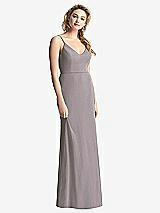 Rear View Thumbnail - Cashmere Gray Shirred Sash Cowl-Back Chiffon Trumpet Gown