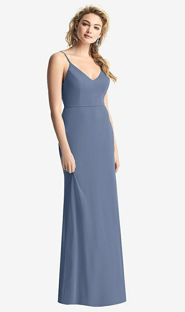 Back View - Larkspur Blue Shirred Sash Cowl-Back Chiffon Trumpet Gown