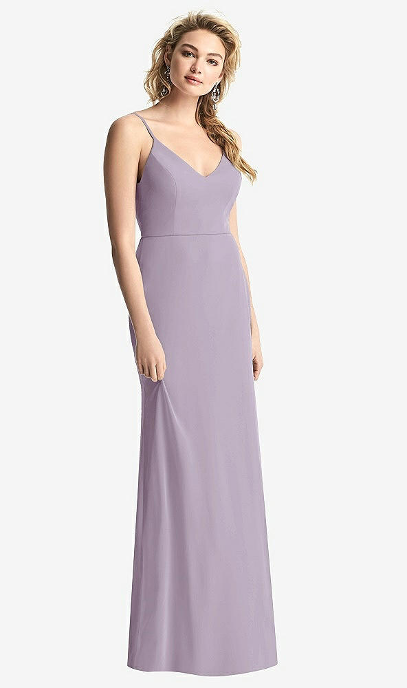 Back View - Lilac Haze Shirred Sash Cowl-Back Chiffon Trumpet Gown