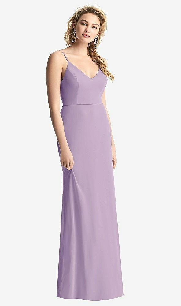 Back View - Pale Purple Shirred Sash Cowl-Back Chiffon Trumpet Gown