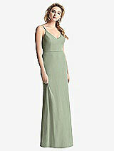 Rear View Thumbnail - Sage Shirred Sash Cowl-Back Chiffon Trumpet Gown