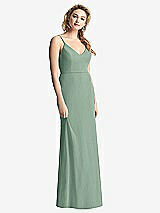 Rear View Thumbnail - Seagrass Shirred Sash Cowl-Back Chiffon Trumpet Gown