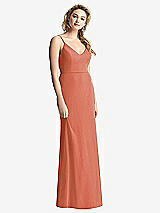 Rear View Thumbnail - Terracotta Copper Shirred Sash Cowl-Back Chiffon Trumpet Gown