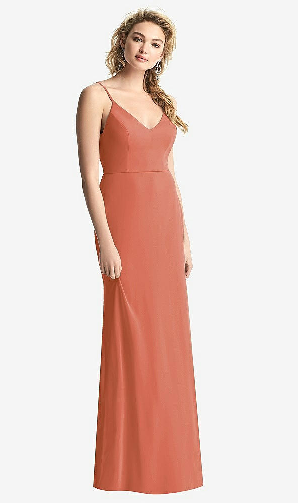 Back View - Terracotta Copper Shirred Sash Cowl-Back Chiffon Trumpet Gown