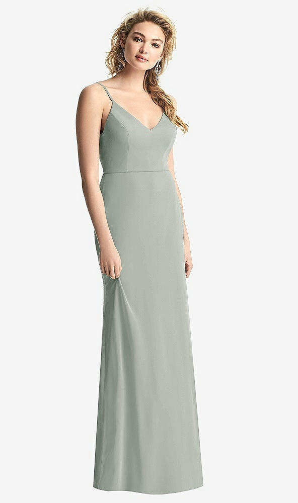 Back View - Willow Green Shirred Sash Cowl-Back Chiffon Trumpet Gown