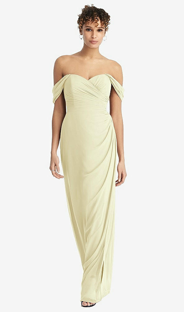 Front View - Butter Yellow Draped Off-the-Shoulder Maxi Dress with Shirred Streamer