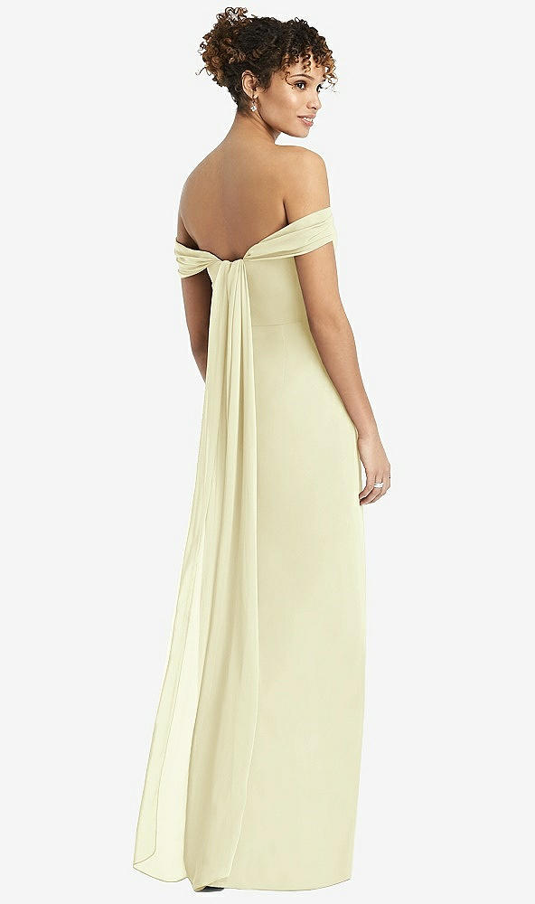Back View - Butter Yellow Draped Off-the-Shoulder Maxi Dress with Shirred Streamer
