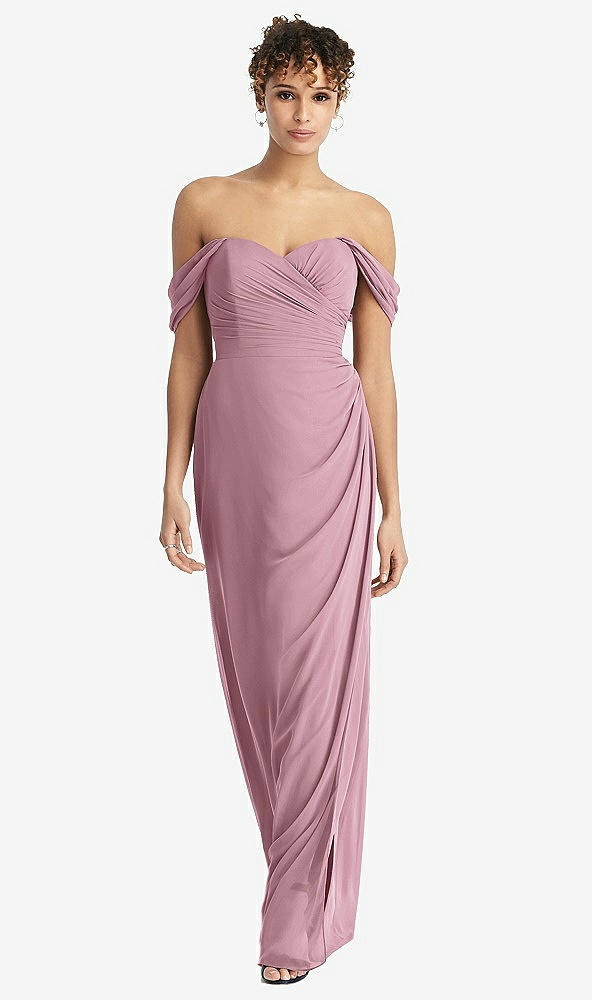 Front View - Dusty Pink Draped Off-the-Shoulder Maxi Dress with Shirred Streamer