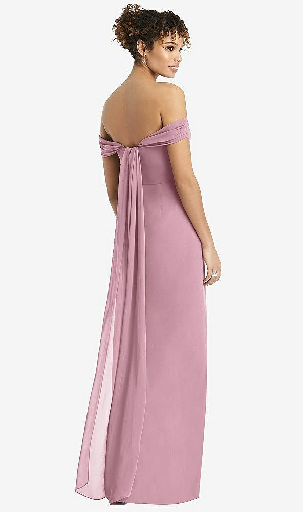 Back View - Dusty Pink Draped Off-the-Shoulder Maxi Dress with Shirred Streamer