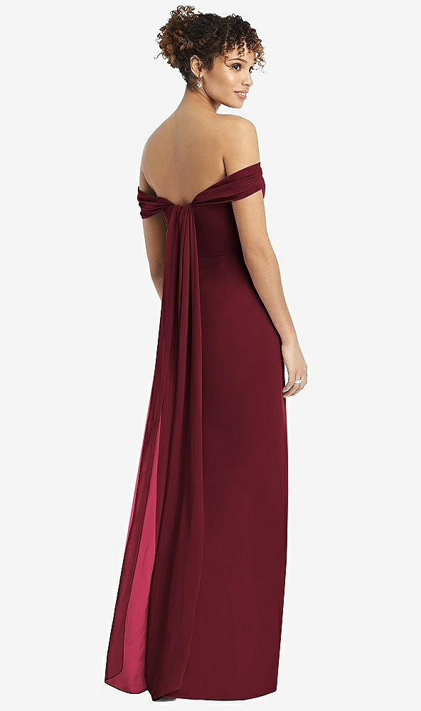 Back View - Cabernet Draped Off-the-Shoulder Maxi Dress with Shirred Streamer