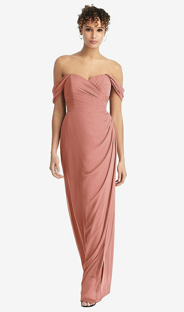 Front View - Desert Rose Draped Off-the-Shoulder Maxi Dress with Shirred Streamer