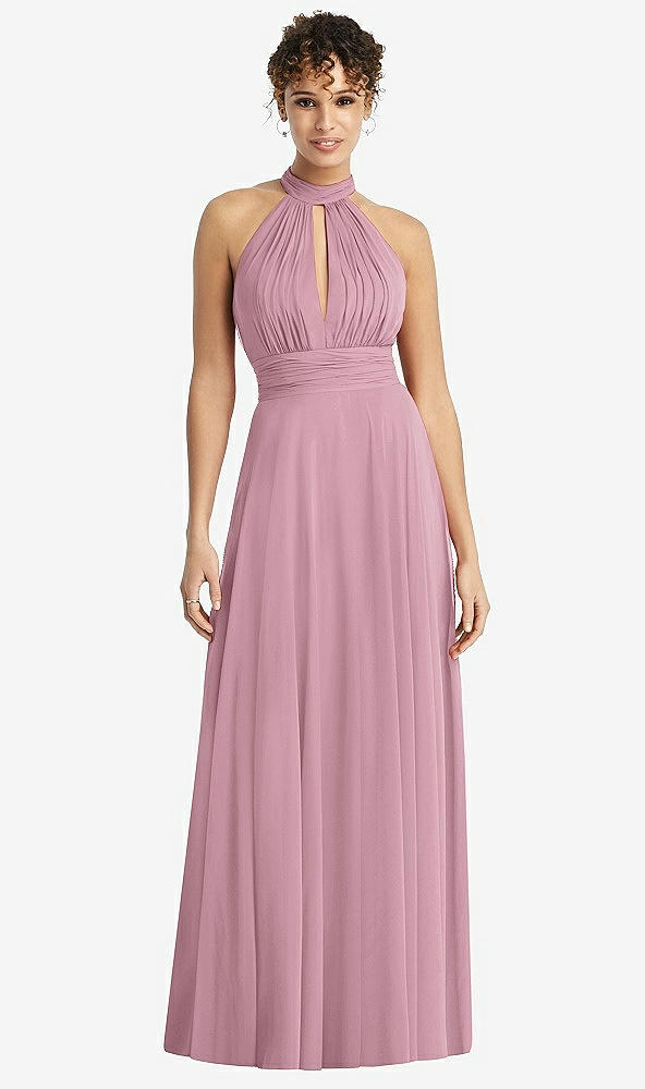 Front View - Dusty Pink High-Neck Open-Back Shirred Halter Maxi Dress