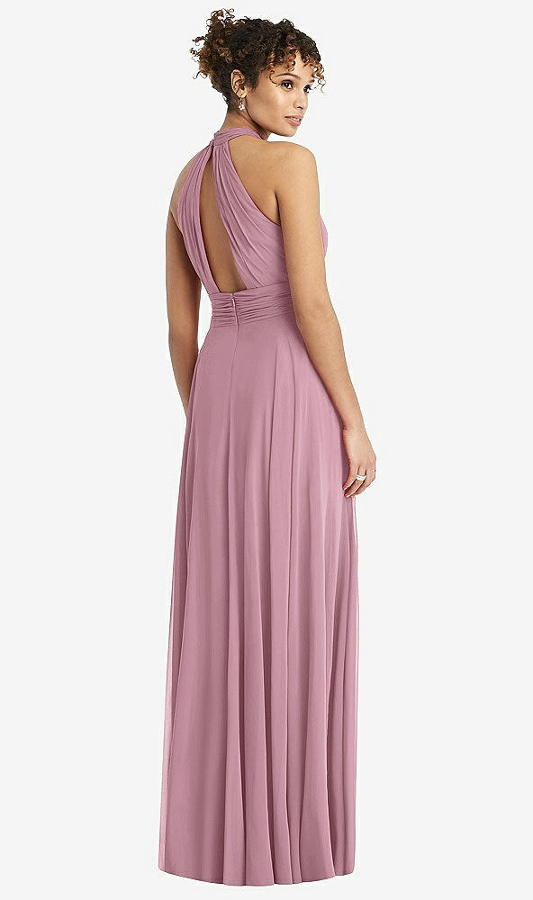 Back View - Dusty Pink High-Neck Open-Back Shirred Halter Maxi Dress