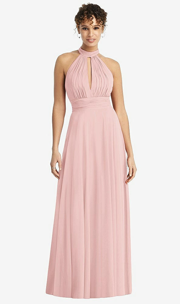 Front View - Rose High-Neck Open-Back Shirred Halter Maxi Dress