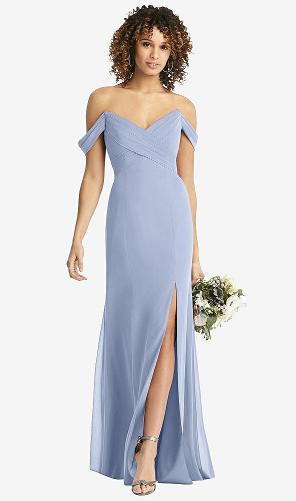 Front View - Sky Blue Off-the-Shoulder Criss Cross Bodice Trumpet Gown
