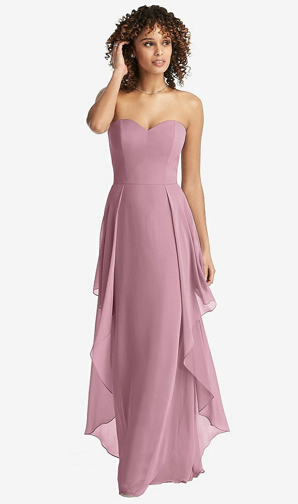Front View - Dusty Pink Strapless Chiffon Dress with Skirt Overlay
