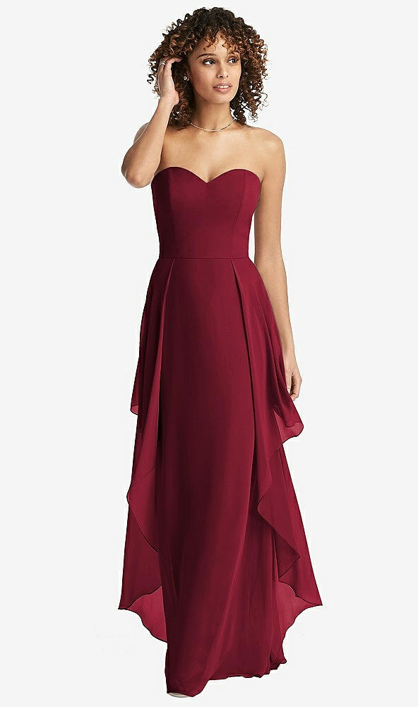 Front View - Burgundy Strapless Chiffon Dress with Skirt Overlay