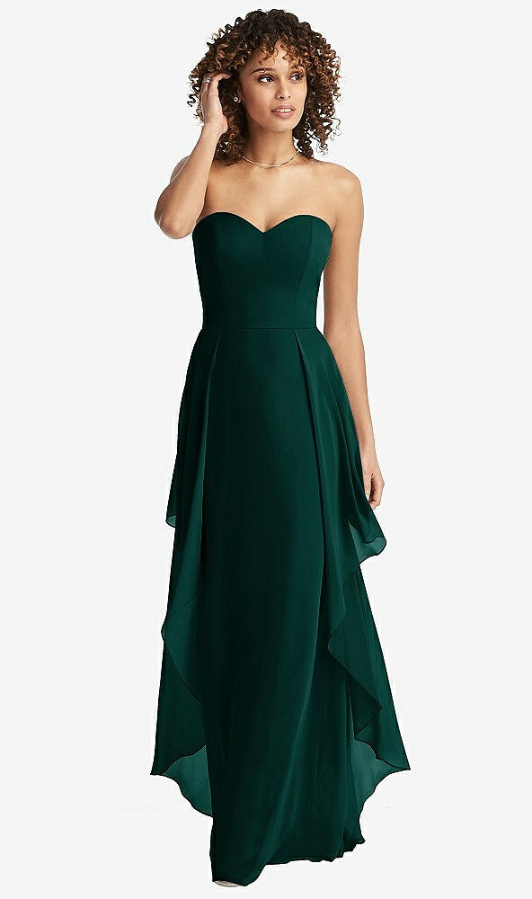 Front View - Evergreen Strapless Chiffon Dress with Skirt Overlay