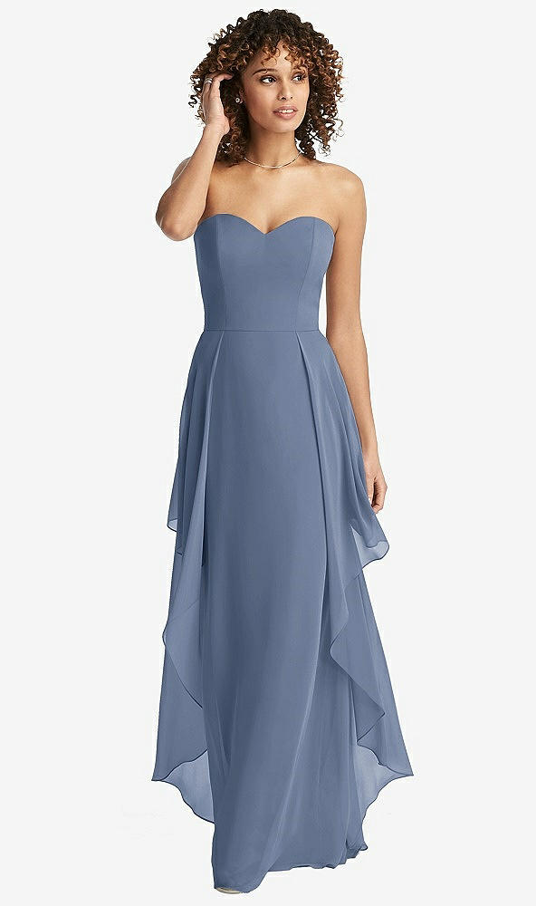 Front View - Larkspur Blue Strapless Chiffon Dress with Skirt Overlay