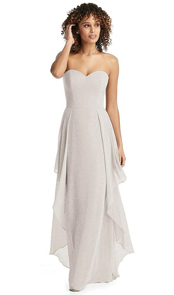 Front View - Taupe Silver Shimmer Strapless Gown with Skirt Overlay