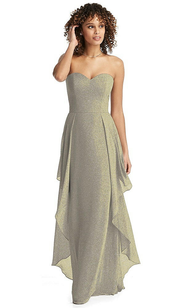 Front View - Mocha Gold Shimmer Strapless Gown with Skirt Overlay