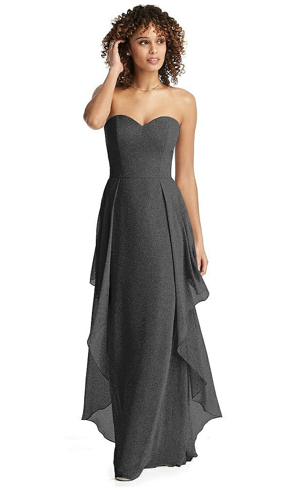 Front View - Black Silver Shimmer Strapless Gown with Skirt Overlay