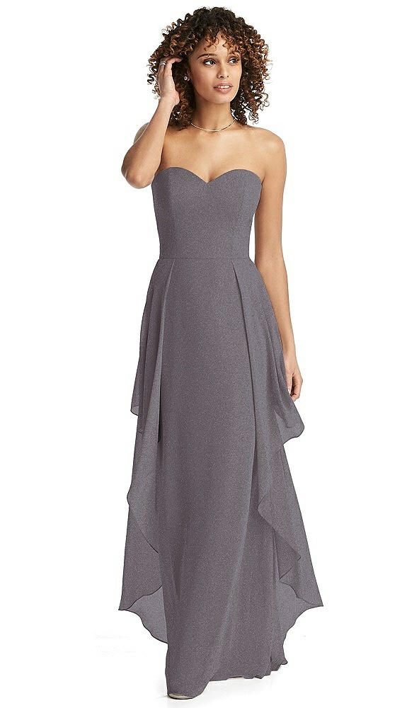 Front View - Stormy Silver Shimmer Strapless Gown with Skirt Overlay