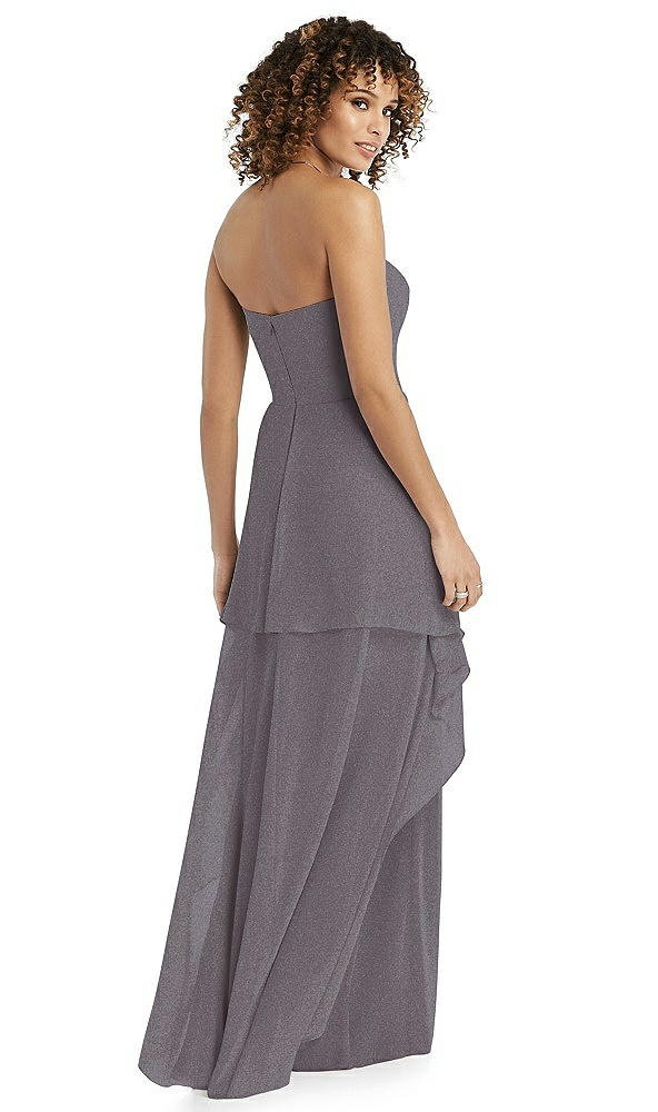 Back View - Stormy Silver Shimmer Strapless Gown with Skirt Overlay