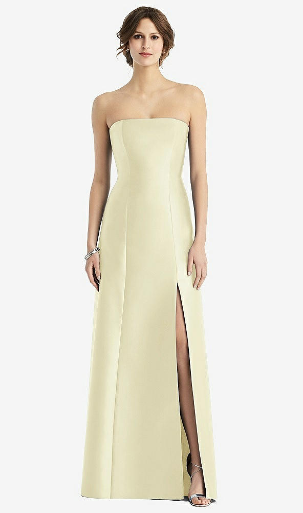 Front View - Butter Yellow Strapless Satin Trumpet Gown with Front Slit