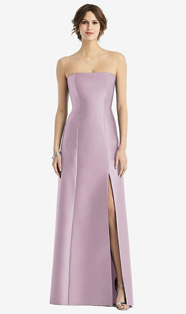 Front View - Suede Rose Strapless Satin Trumpet Gown with Front Slit