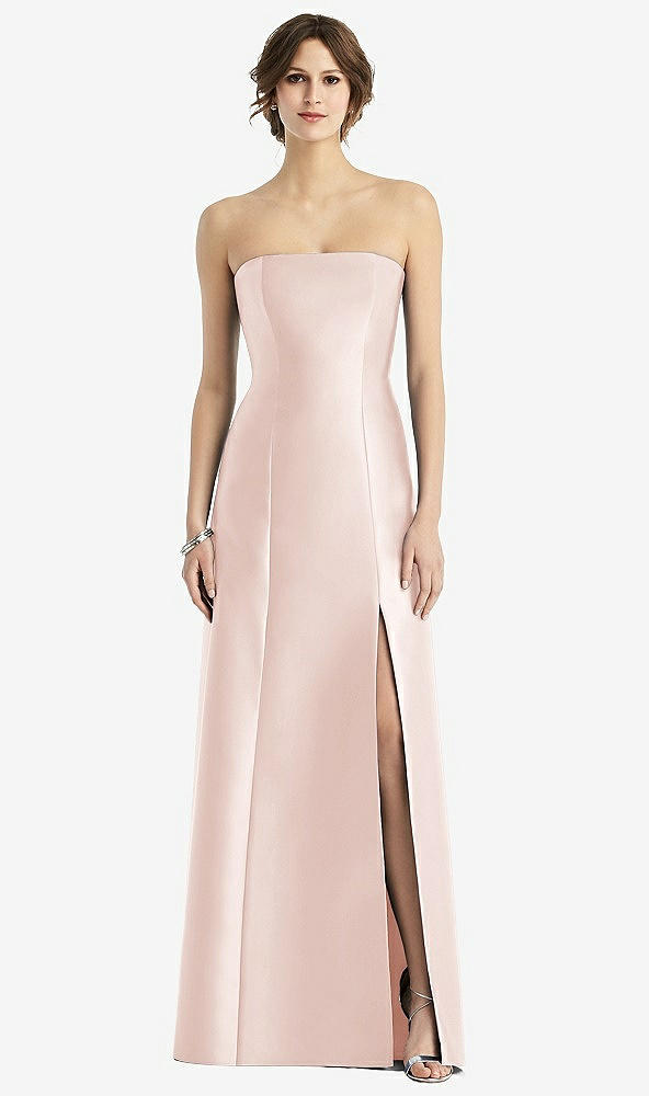 Front View - Blush Strapless Satin Trumpet Gown with Front Slit