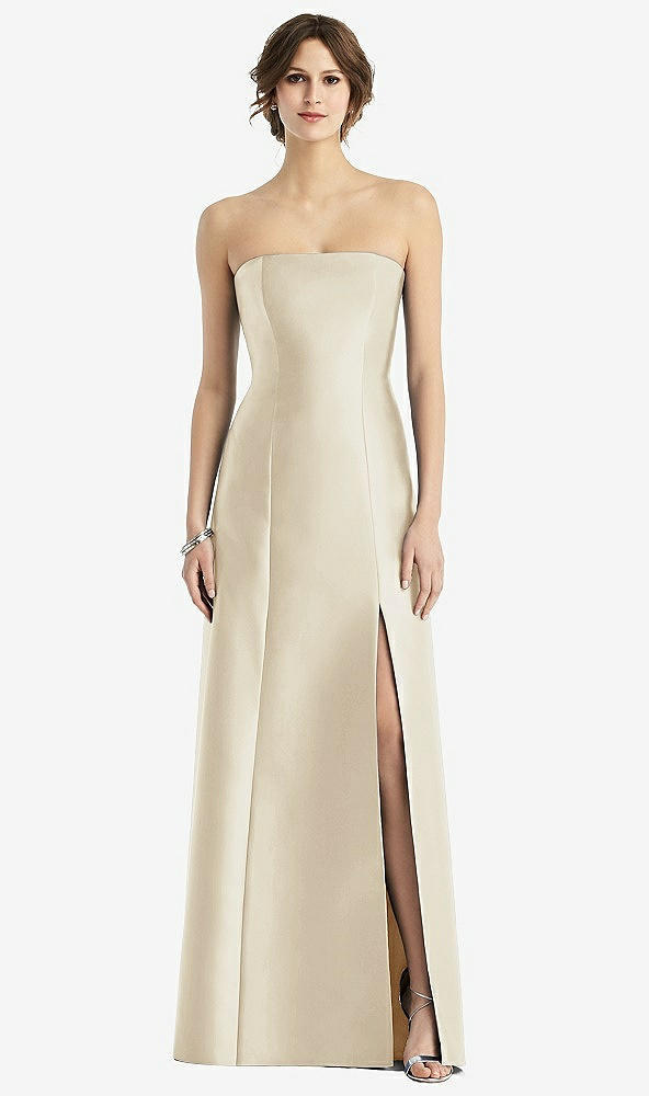 Front View - Champagne Strapless Satin Trumpet Gown with Front Slit