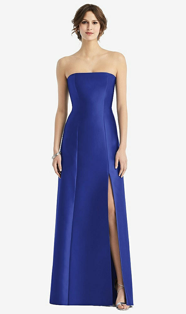 Front View - Cobalt Blue Strapless Satin Trumpet Gown with Front Slit