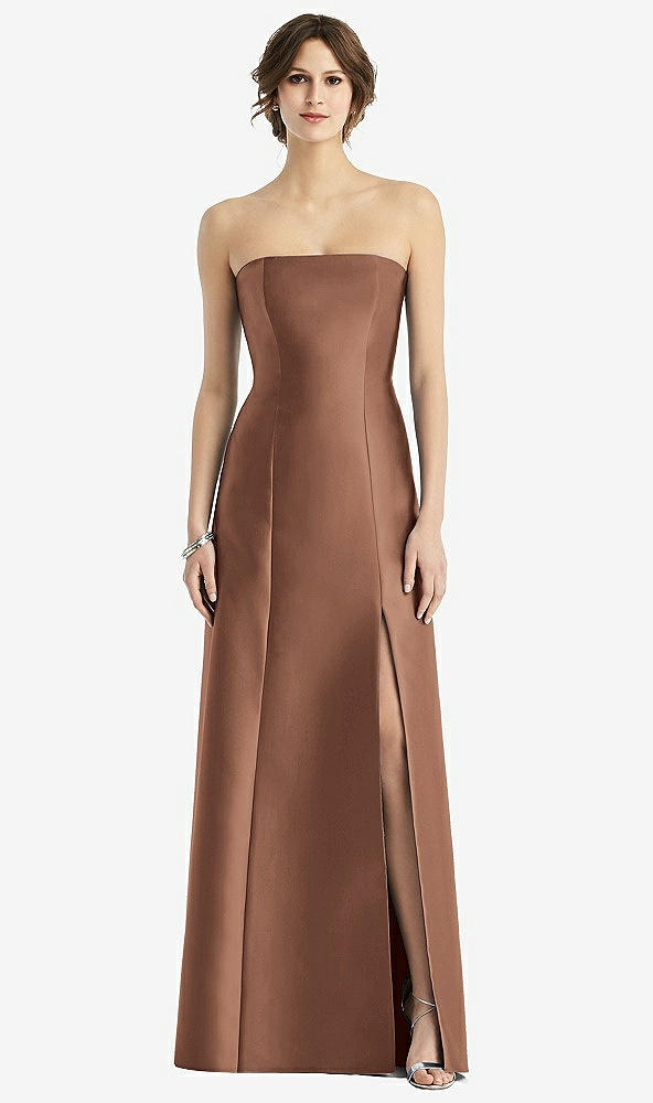 Front View - Cognac Strapless Satin Trumpet Gown with Front Slit