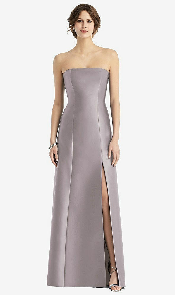 Front View - Cashmere Gray Strapless Satin Trumpet Gown with Front Slit