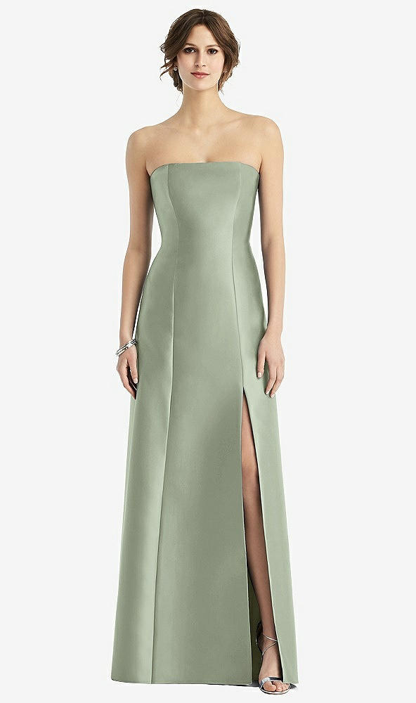 Front View - Sage Strapless Satin Trumpet Gown with Front Slit
