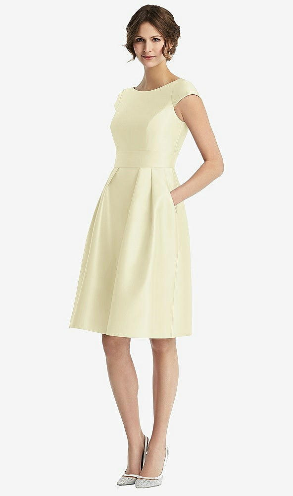 Front View - Butter Yellow Cap Sleeve Pleated Cocktail Dress with Pockets