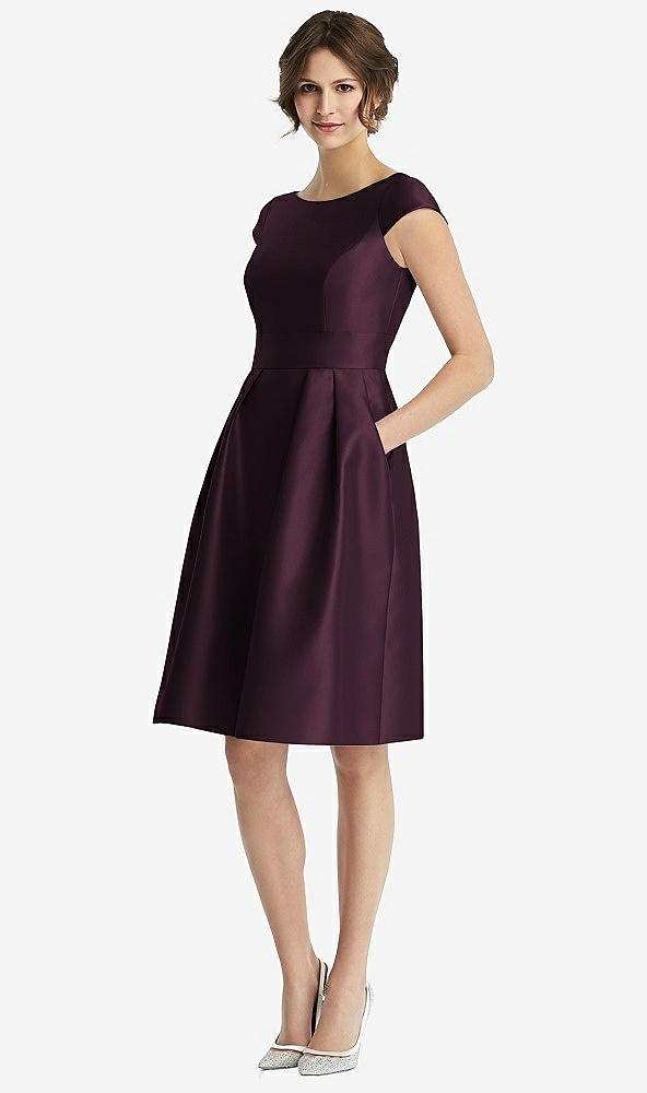 Front View - Deep Plum Cap Sleeve Pleated Cocktail Dress with Pockets