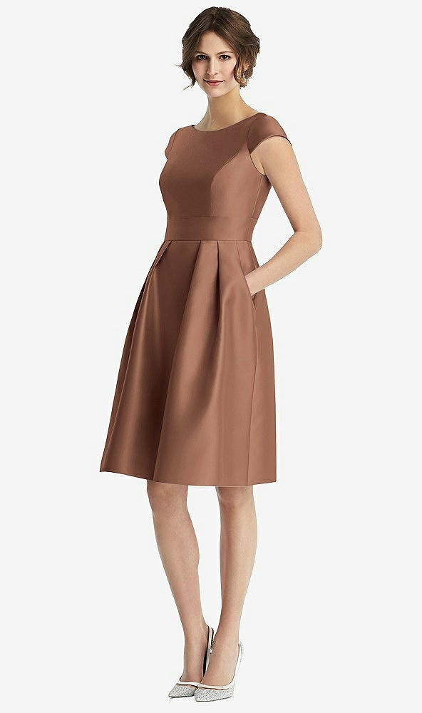 Front View - Cognac Cap Sleeve Pleated Cocktail Dress with Pockets