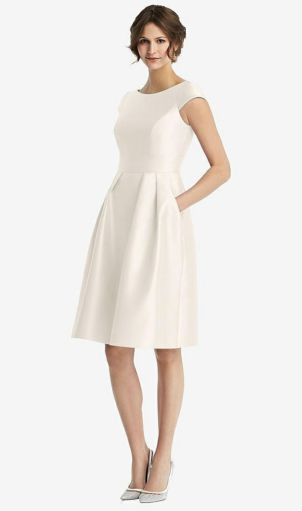 Front View - Ivory Cap Sleeve Pleated Cocktail Dress with Pockets