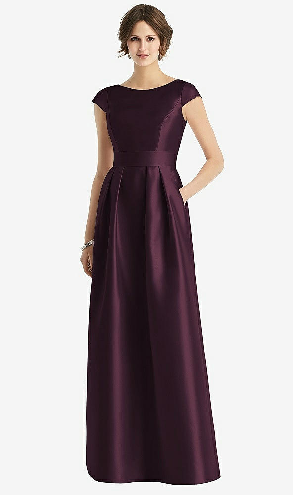 Front View - Deep Plum Cap Sleeve Pleated Skirt Dress with Pockets