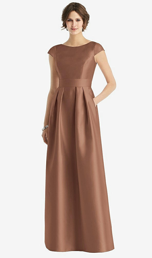 Front View - Cognac Cap Sleeve Pleated Skirt Dress with Pockets