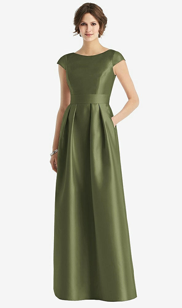 Front View - Olive Green Cap Sleeve Pleated Skirt Dress with Pockets