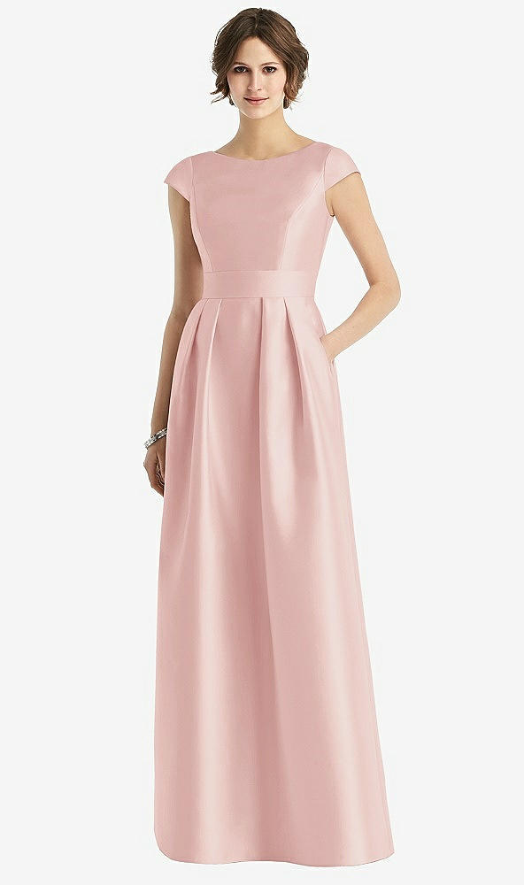 Front View - Rose Cap Sleeve Pleated Skirt Dress with Pockets