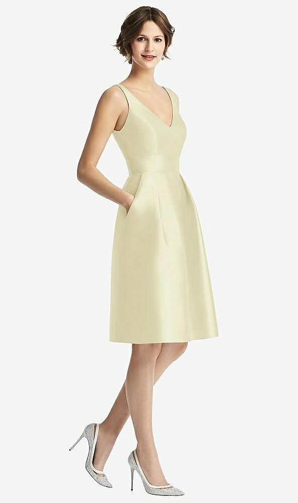 Front View - Butter Yellow V-Neck Pleated Skirt Cocktail Dress with Pockets