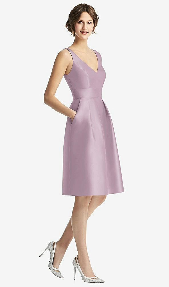 Front View - Suede Rose V-Neck Pleated Skirt Cocktail Dress with Pockets