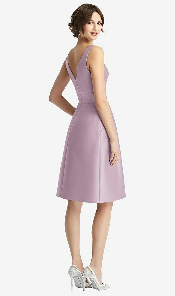 Back View - Suede Rose V-Neck Pleated Skirt Cocktail Dress with Pockets