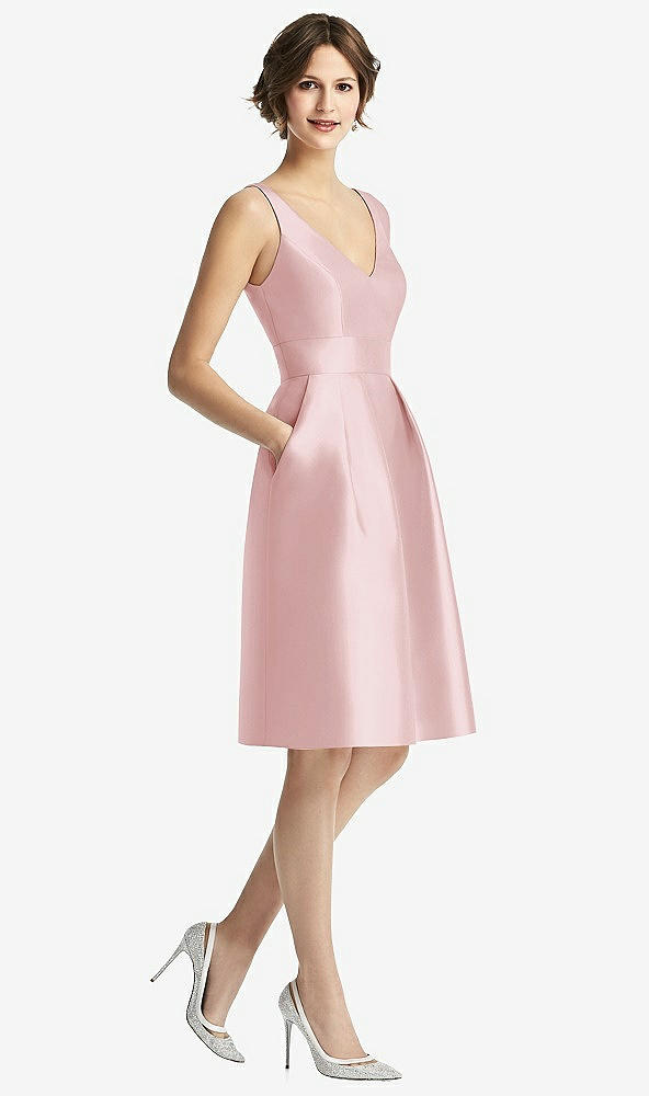 Front View - Ballet Pink V-Neck Pleated Skirt Cocktail Dress with Pockets